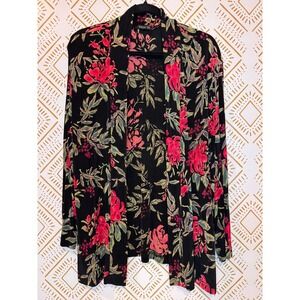 Vikki Vi Black Floral Print Cardigan Size Stretch Lightweight Flowy Layer Artsy
